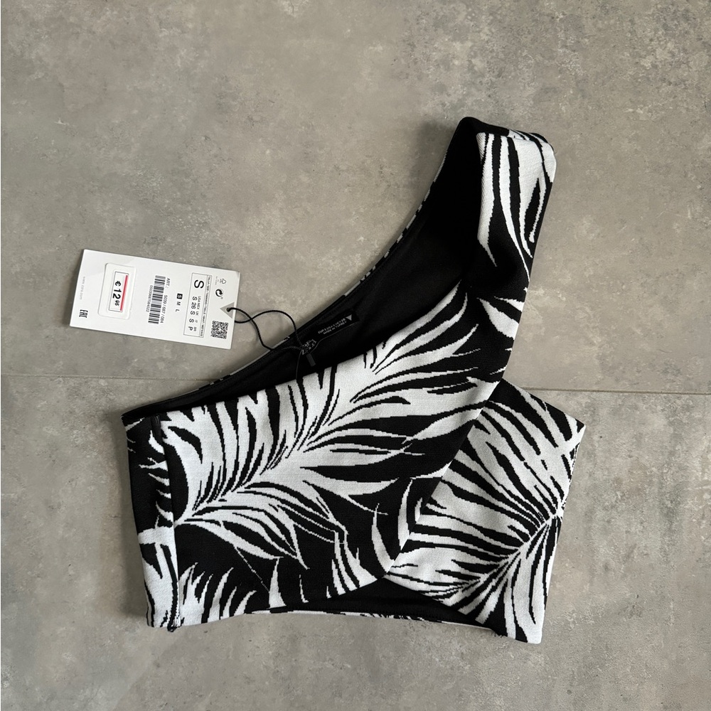 NWT! Zara One Shoulder Palm Print Floral Jacquard Cross Over Crop Top | S - Picture 6 of 8